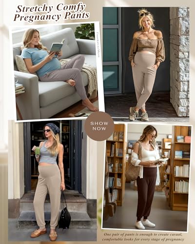 3 Pack Women's Maternity Pants - color: Apricot, Smoky Heather Gray, Dark Brown, size: Medium