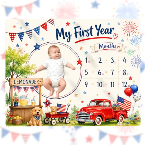 Farmhouse Baby Milestone Blanket 1-12 Months, My First Year Newborn Photo Prop, Lemonade Stand Red Truck Design, Monthly Growth Tracker for Boy Girl, Baby Shower 50x40 Inch - color: Red Truck