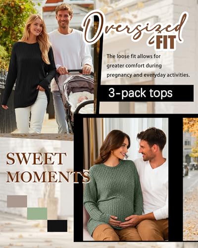 3 Pack Women's Long Sleeve Nursing Shirts - color: Coffee, Army Green, Black, size: Medium