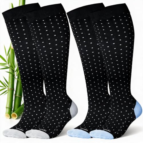LEVSOX Bamboo Viscose Compression Socks Wide Calf 15-20 mmHg with Cushioned - color: Black Polka Dots, size: Medium