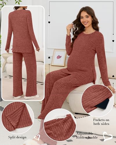 Women's 2 Piece Maternity Ribbed Pajama Outfit - color: Caramel, size: Small
