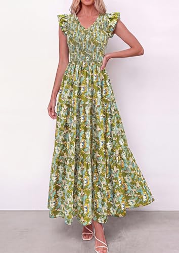 PRETTYGARDEN Women's Smocked Boho Floral Maxi Dress - color: Army Green, size: Medium
