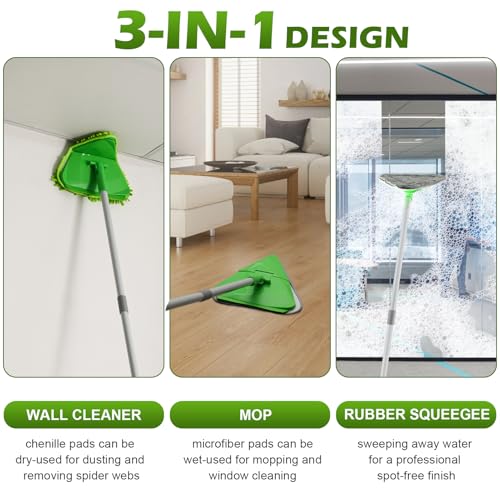 RONSUNG Wall Cleaner Mop, 82-Inch Handle, Baseboard Cleaner Tool, 4 Pads - color: Green, size: 4 Pads