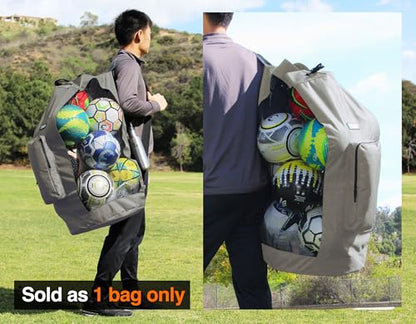 Fitdom XL Mesh Ball Bag for Soccer & Sports, Adjustable Shoulder Strap - color: Grey / Black