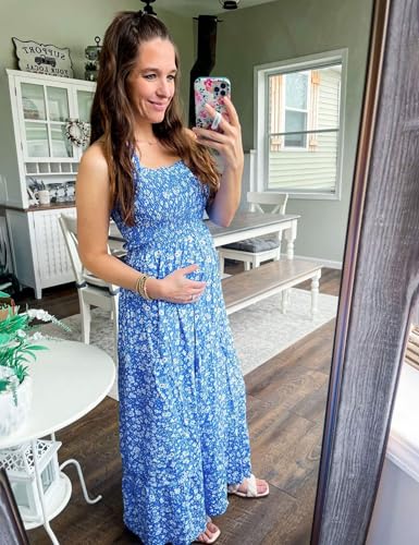 Tobrief Women's Boho Dress Summer Spaghetti Strap Square Neck Flowy Ruffle Beach Long Maxi Dress - color: 01 Blue Floral, size: Medium