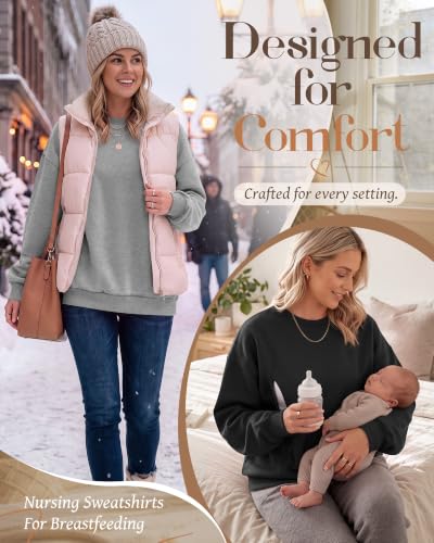 Locoowai 2 Pack Women's Oversize Nursing Sweatshirts - color: Light Heather Gray, Black, size: Medium