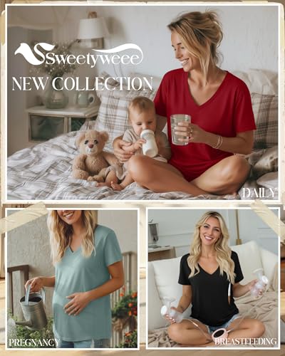 3 Pack Women's Nursing Tops Breastfeeding Shirts - color: Black, Gray Green, Red, size: Large