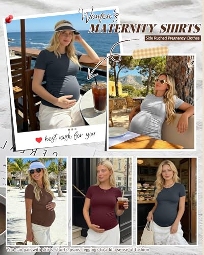 Huukeay 4 Pack Women's Short Sleeve Maternity Tops - color: Dark Gray, Burgundy, Coffee, Light Heather Gray, size: Small