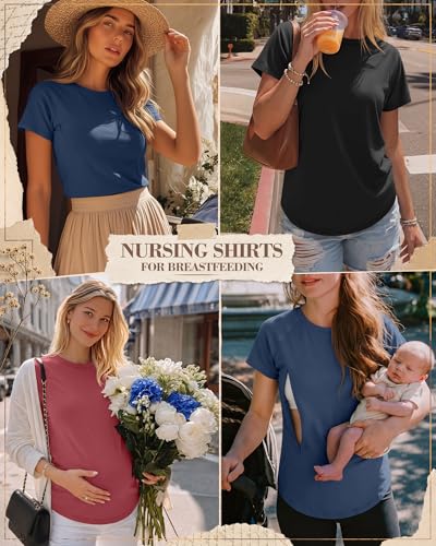 3 Pack Womens Nursing Tops - color: Haze Blue, Dark Pink, Black, size: X-Large
