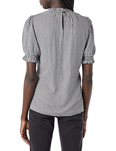 Amazon Essentials Women's Fluid Twill Short Puff Sleeve Ruffle Smock Detail Blouse - color: Black White Mini Gingham, size: Small