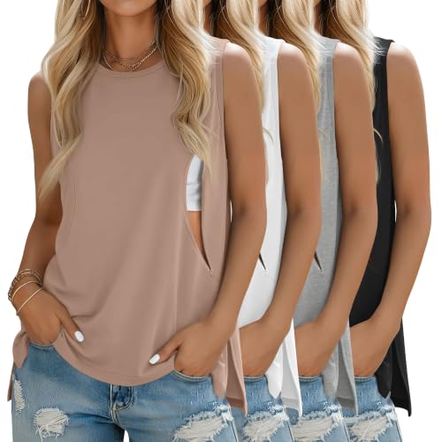 4 Pack Nursing Breastfeeding Tank Tops - color: Khaki, White, Light Gray, Black, size: XX-Large