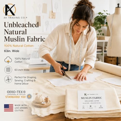 AK TRADING CO. Muslin Fabric/Textile Unbleached - Draping Fabric - Natural 2 Yards Medium Weight - 100% Cotton (63in. Wide) - color: Natural Unbleached, size: 2 Yards