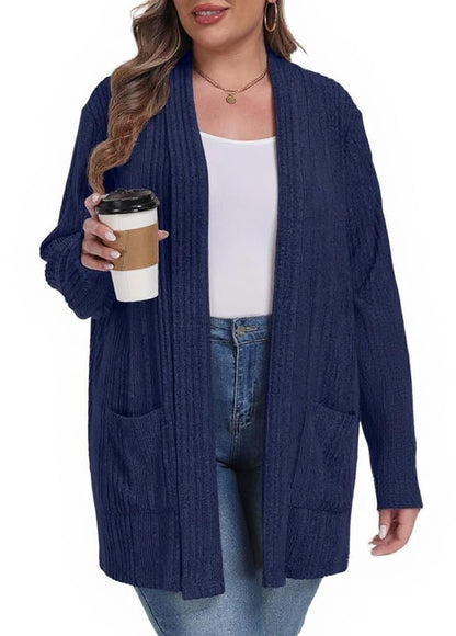 OLRIK Womens Plus Size Cardigan Loose Outwear with Pockets - color: C-navy Blue, size: 5X
