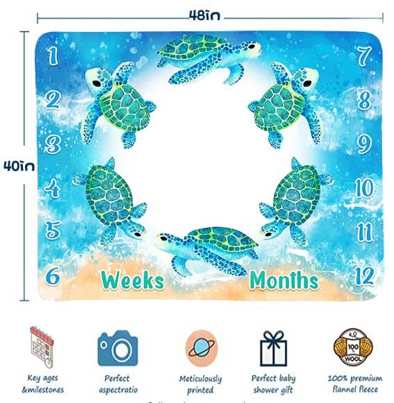 Blue Sea Life Turtle Monthly Milestone Blanket 48x40in - color: Turtle