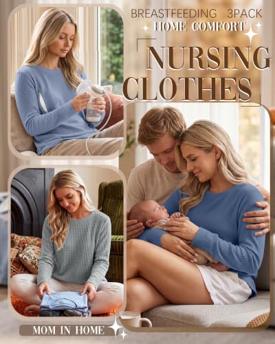 Neer 3 Pack Women's Nursing Hidden Zipper Long Sleeve Shirts - color: Light Blue, Light Gray, Haze Blue, size: Medium