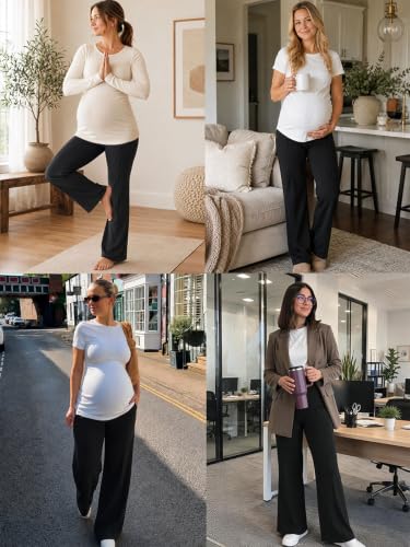 Mama Land Maternity Work Dress Pants, Stretchy Wide Leg with Pockets - color: Black, size: Medium Tall