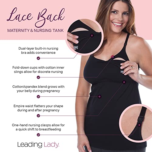 Leading Lady, Lace Back Nursing Tank for Women, Racerback Design, Built-In Bra, One Hand Nursing Clasps, Fold-Down Cups - color: Black, size: Small