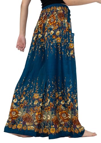 B BANGKOK PANTS Women's Boho Palazzo Pants - color: Green Flowers, size: One Size