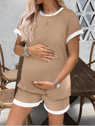 Ekouaer Maternity Pajamas 2 Piece Outfits Waffle Knit Pregnancy Sleepwear - color: Light Khaki, size: Medium