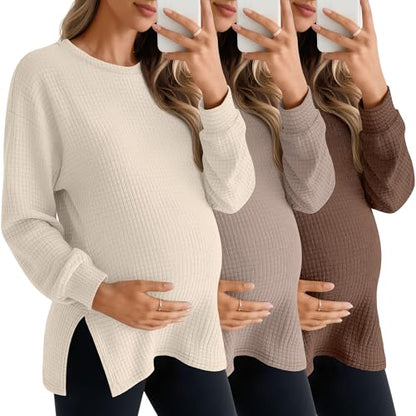 3 Pack Women's Maternity Waffle Knit Shirts - color: Apricot, Khaki, Brown, size: Large