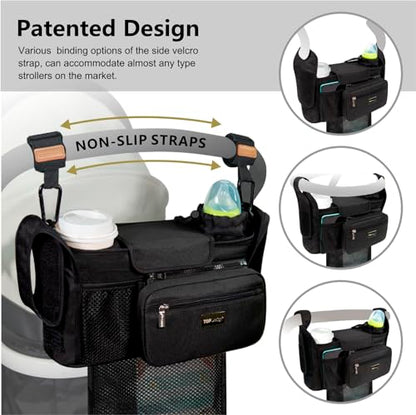 TOPDesign Universal Baby Stroller Organizer, Stroller Caddy with Detachable Mesh Bag & Heightened Insulated Cup Holders & Non-Slip Secure Hooks Accessories, Fits Most Strollers (Green) - color: Green, style: Pro
