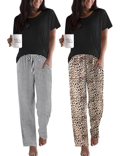 Ekouaer 2 Pack Womens Pajama Set Short Sleeve Top and Printed Pants Soft Pj - color: Black Striped/Black Leopard, size: Small