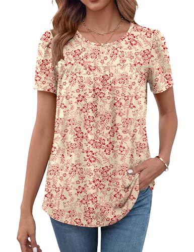 LUYAA Womens Dressy Casual Tops Short Sleeve Blouse Crew Neck Loose Fit Summer Clothes M-4XL - color: Apricot Red Floral, size: Medium