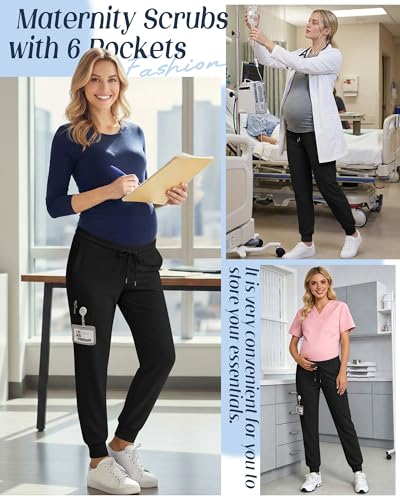 Xaatren Women's Maternity Scrub Joggers Pants with 6 Pockets - color: Black, size: Medium
