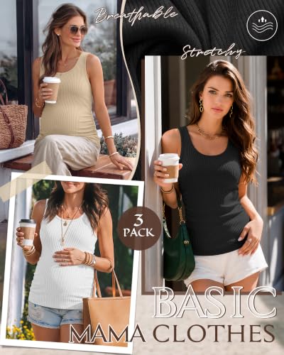 Riyiper 3 Pack Women's Maternity Tank Tops - color: Black, White, Khaki, size: X-Large