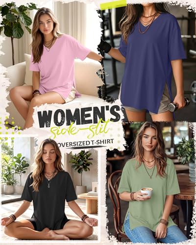 4 Pack Women's Oversized V Neck Shirts - color: Black, Green, Light Pink, Dark Blue, size: XX-Large