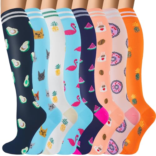 bropite 8 Pairs Compression Socks For Women & Men 20-30 mmHg - color: A-01mixed Lines, size: Small-Medium