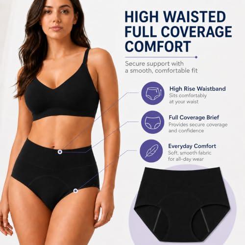 Period Underwear for Women, Leak Proof Menstrual Panties Multi-pack, High Waisted Cotton Full Coverage Briefs - color: Black 3-pack, size: XX-Large