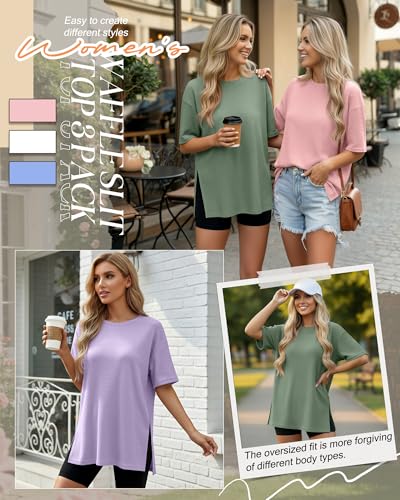 3 Pack Womens Oversized Waffle Knit Tops - color: Dusty Pink, Grayish Purple, Grass Green, size: Small