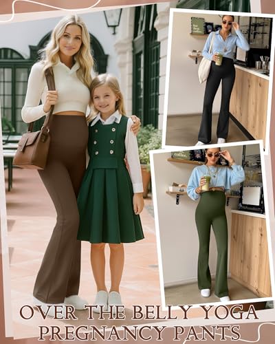 3 Pack Maternity Over The Belly Flared Leggings Pants - color: Coffee, Army Green, Black, size: Small