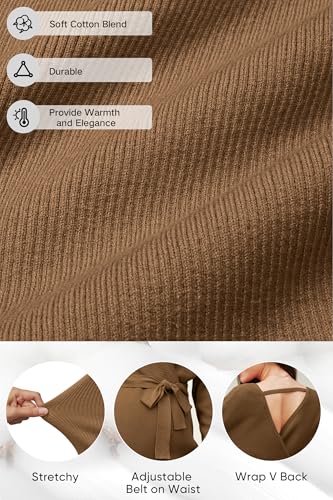 OUGES Womens Soft Cotton Blend Maternity Sweater Wrap V Neck Long Sleeve V Back Fall Shirts Pregnancy Outfits with Belt - color: Brown, size: XX-Large