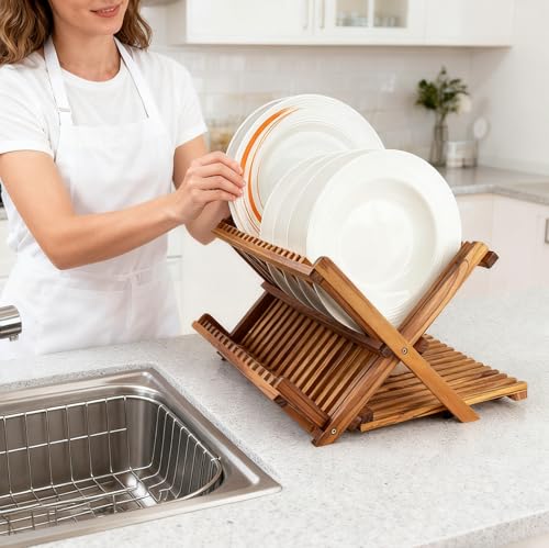Utoplike Large Teak Dish Drying Rack, Wood Collapsible Organizer for Plates - size: 3 Tier-Large