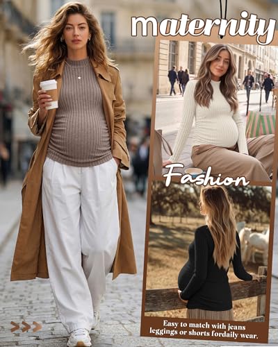 Neer 3 Pack Women's Maternity Mock Turtleneck Long Sleeve Tops - color: Khaki, Apricot, Black, size: Medium