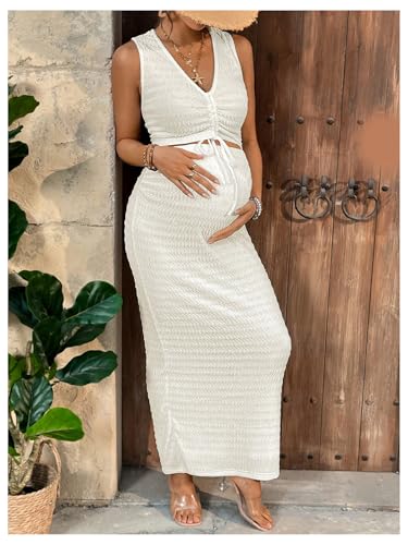 Milumia Women's Maternity 2 Piece Outfits Tank Top Bodycon Maxi Skirt Sets - color: Apricot, size: Medium