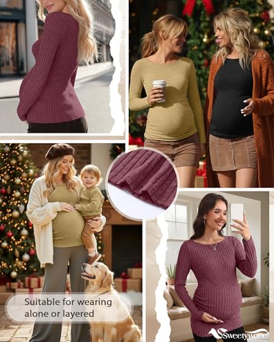 3 Pack Maternity Sweaters Long Sleeve Pregnancy Tops - color: Dark Red, Ginger, Black, size: Small