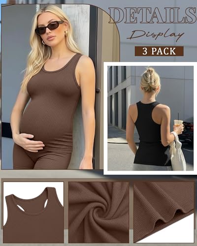 Locoowai 3 Pack Women's Maternity Tank Tops - color: Coffee, White, Black, size: Medium