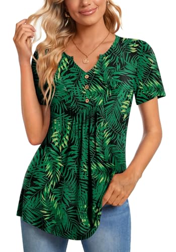 CATHY Womens Short Sleeve Tunic Tops Henley Shirt V Neck Button Up Blouse Casual Pleated Basic Pullover - color: Green Leaf-black, size: 3X-Large