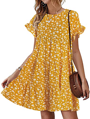 Womens Babydoll Dress Summer Boho Print Ruffles Loose Flowy Mini Dress - color: Ginger, size: Small