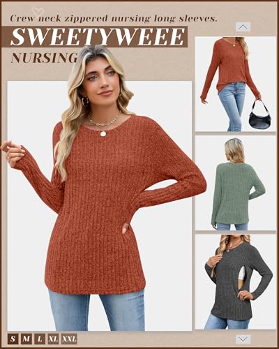 3 Pack Maternity Nursing Ribbed Long Sleeve Tops - color: Dark Gray, Green, Caramel, size: Large