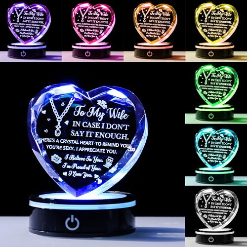 3D Laser Engraved K9 Crystal Heart with LED Base Romantic Gift for Wife - color: Wife Gift