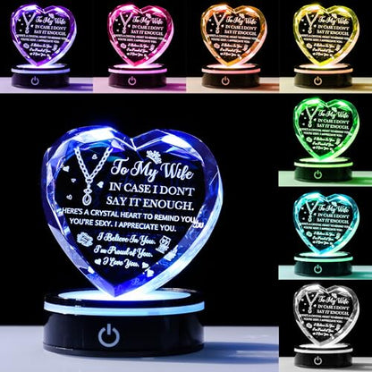 3D Laser Engraved K9 Crystal Heart with LED Base Romantic Gift for Wife - color: Wife Gift