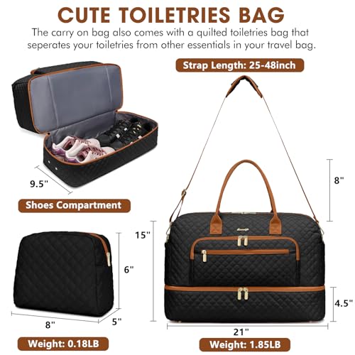 Travel Duffle Bag Weekender for Women - 38L Carry-On Overnight Personal Item Bag with Shoe Compartment & Wet Pocket Weekend Tote Bags with Toiletry Hospital Bags for Labor and Delivery - color: Black Brown - 38L