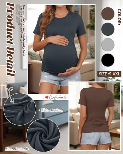 Huukeay 4 Pack Women's Short Sleeve Maternity Tops - color: Coffee, Dark Gray, Light Heather Gray, Black, size: Small