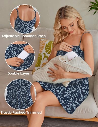Ekouaer Womens Nursing Dress Summer Breastfeeding Maternity Clothes - color: Dark Blue Leaves, size: Medium