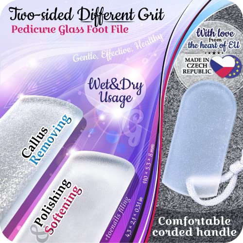 GLADZY Czech Glass Foot File Callus Remover – Double Sided Etched, Different Grit Coarse & Fine Surfaces for Hard Skin & Cracked Heels, Professional Pedicure Tool, Washable Reusable, Made in EU - color: Full-area Etched