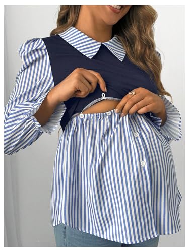 WDIRARA Women's Maternity Striped Button Down Shirts Long Sleeve Collared Blouse 2 in 1 Nursing Top - color: Blue and White, size: X-Large